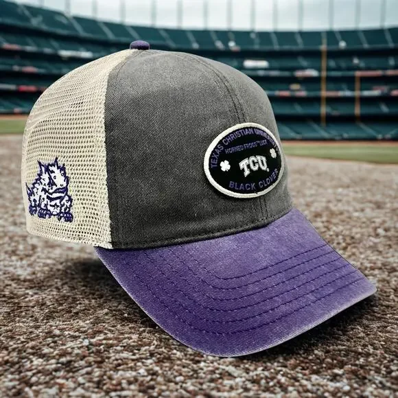 TCU Texas Christian University Horned Frogs Black Clover Trucker Hat NWT - Picture 2 of 12